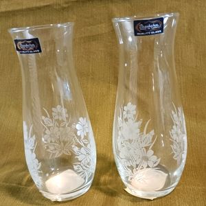 Pasabahce Crystal Hand Cut Etched 6.5" Vase Made In Turkey Botanical Design